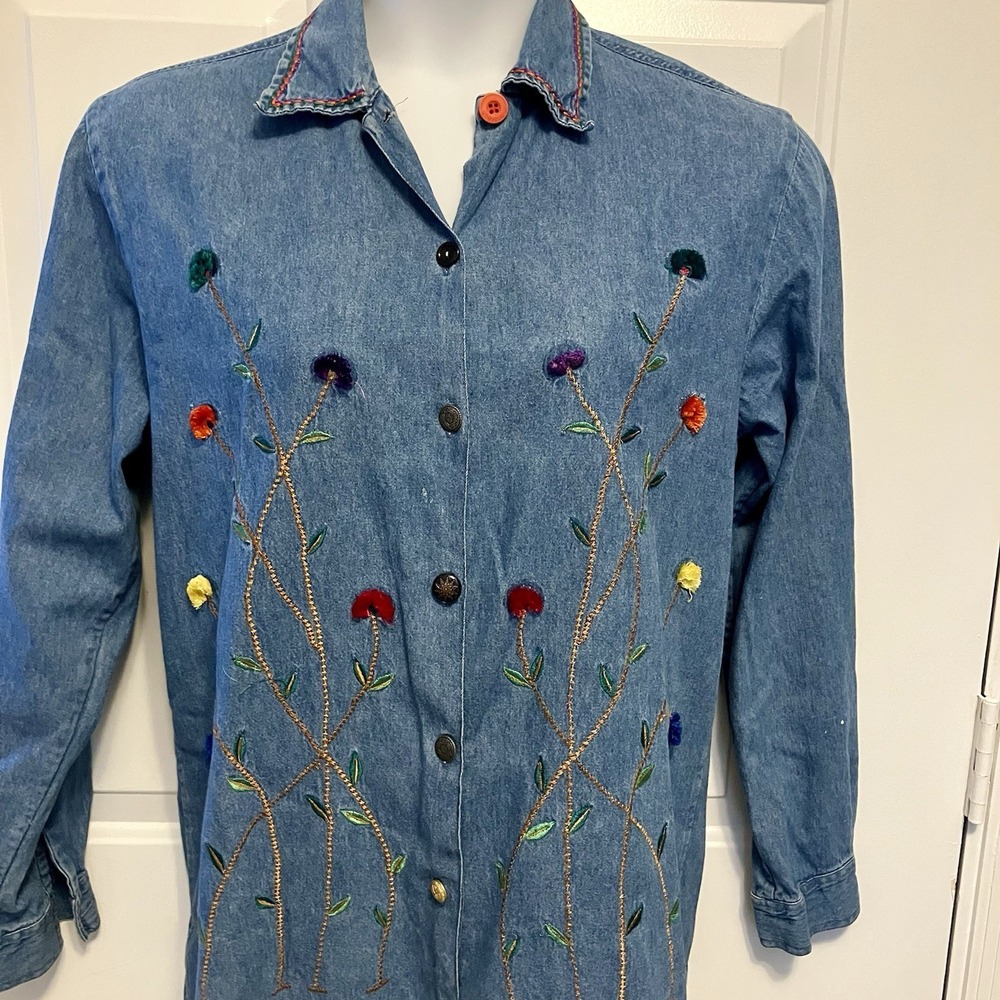 Haband Size Large 14/16 Embroidered‎ Denim Jeans Button Up Shirt Women's Floral